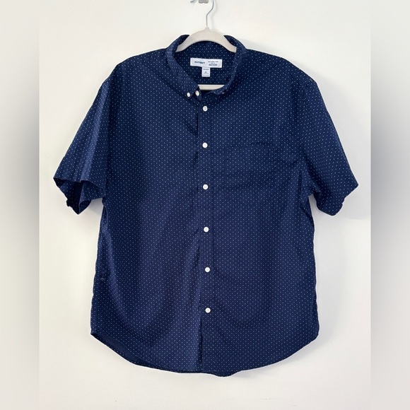 Old Navy Men's Size XL Button Down Short Sleeve Blue‎ White Polka Dots Preppy - Picture 1 of 9